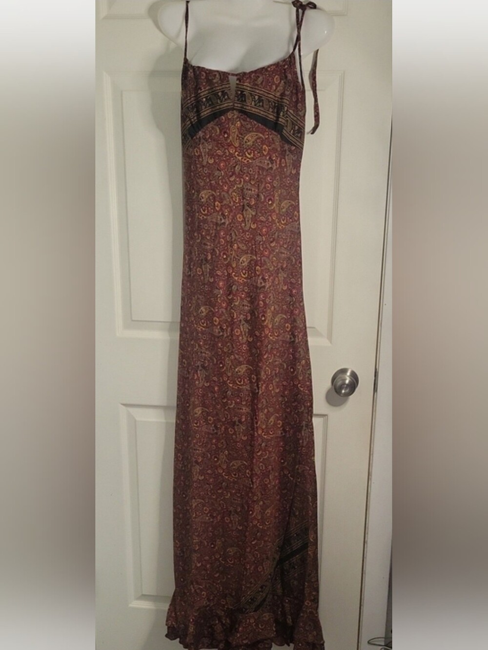 RAGA XS Burgundy Paisley Maxi Slip Dress Boho Border Print Tie Strap